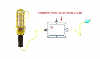 Flameproof Hand Lamp with inline transformer - Zone 1&amp;21 - 220V to 24V DC - 10 Meter Cord
