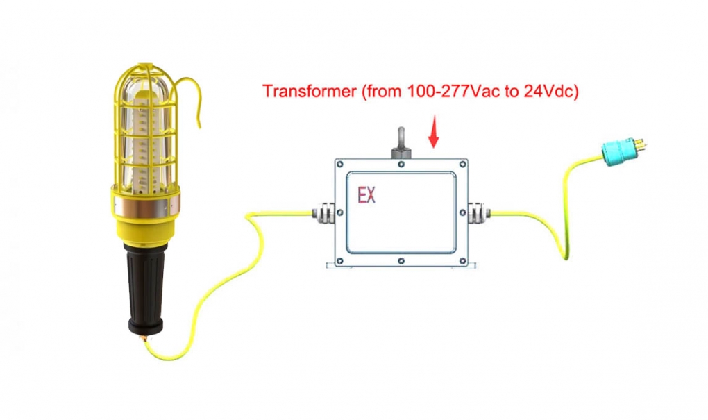 Flameproof Hand Lamp with inline transformer - Zone 1&amp;21 - 220V to 24V DC - 10/50/100 Meter Cord